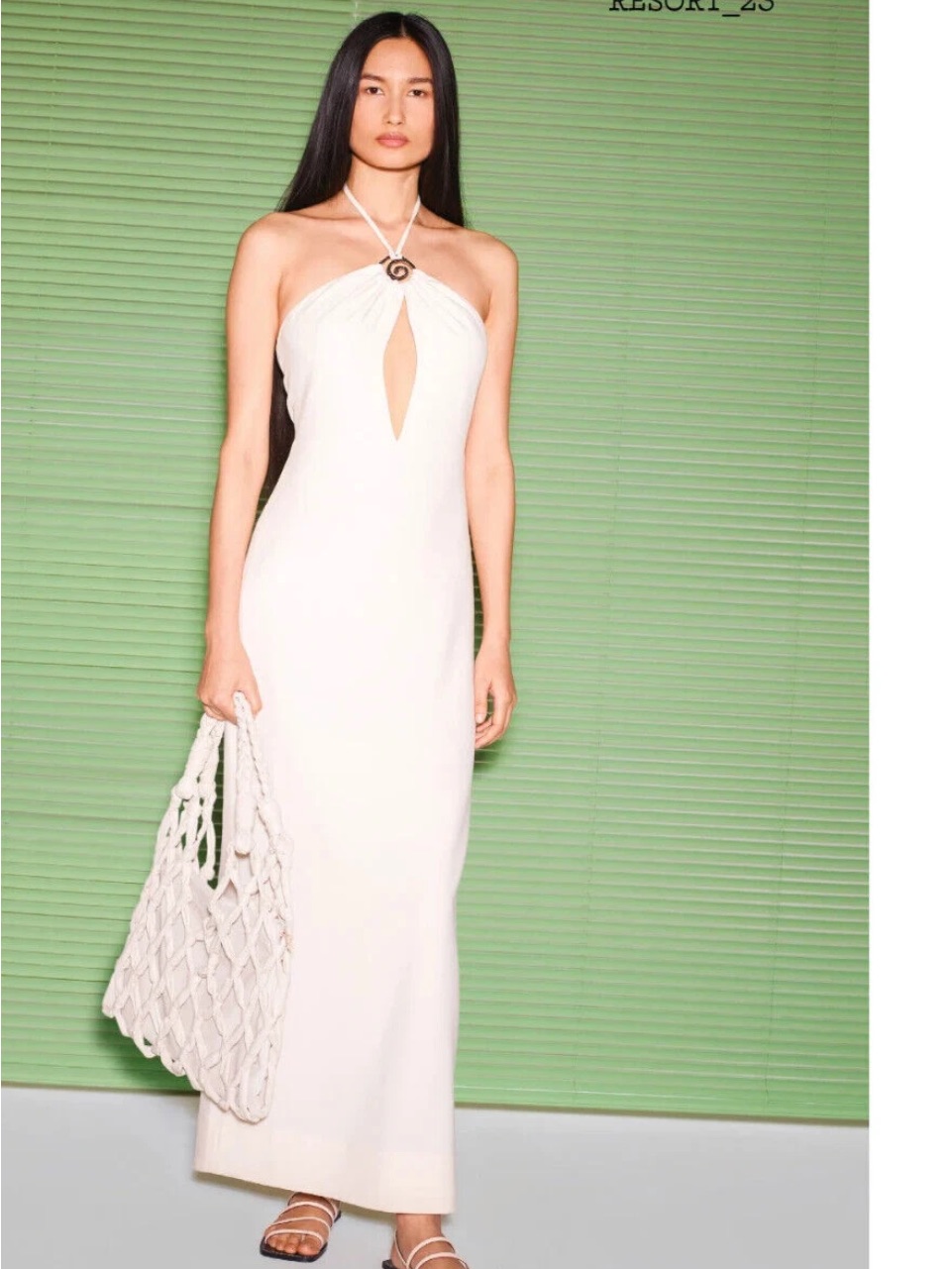 Staud Abigail Ecru Cream Maxi Halter Sworl Metal Charm Dress